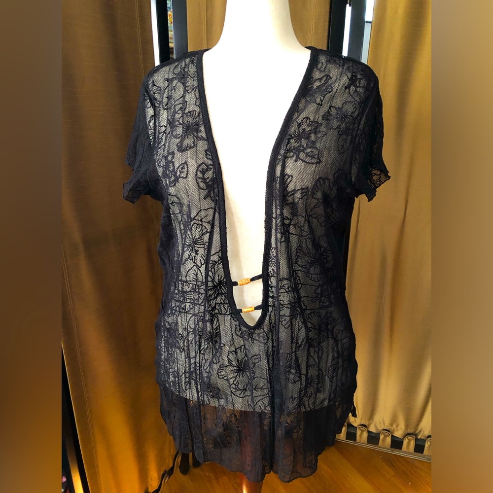 Black Sheer Floral Cover-Up Short Sleeve